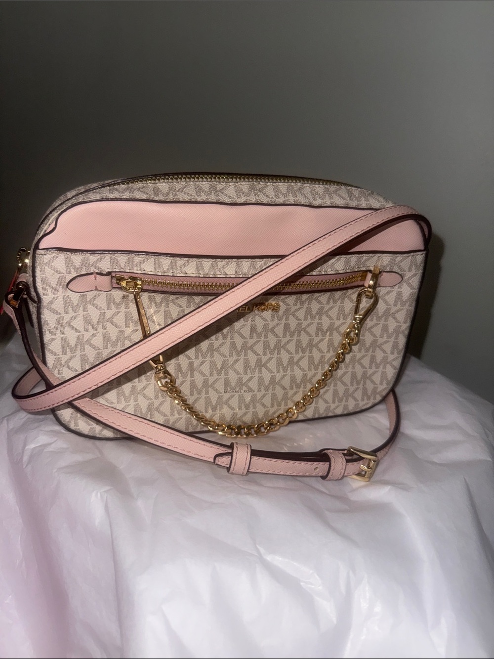 Michael Kors Light Pink MK Monogram Crossbody with Gold Chain